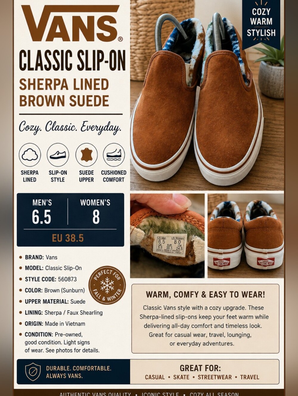 Vans Classic Slip-On Sherpa Lined Brown Suede Shoes Women's 8 Men's 6.5 EU 38.5